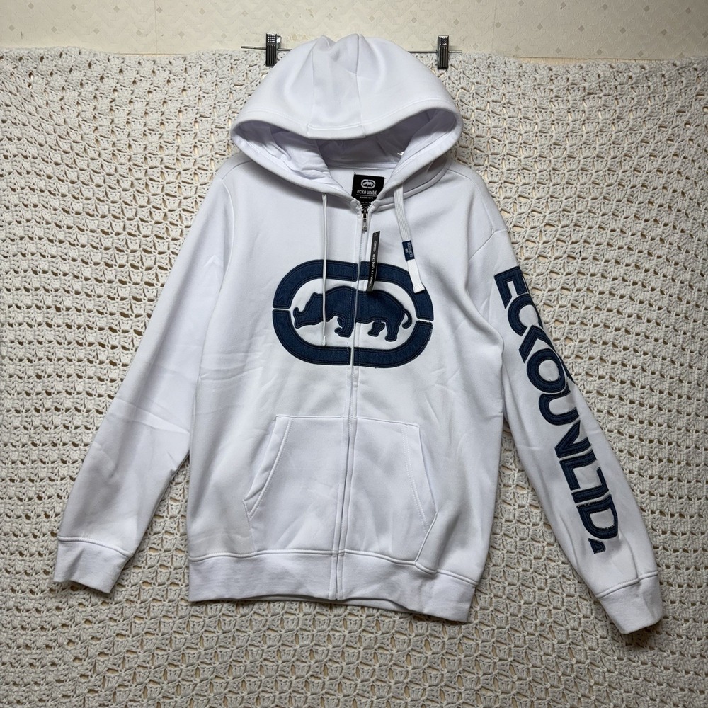 Ecko Unltd Hoodie Mens Size S White Full Zip Fleece Rhino Logo Embroidery NWT